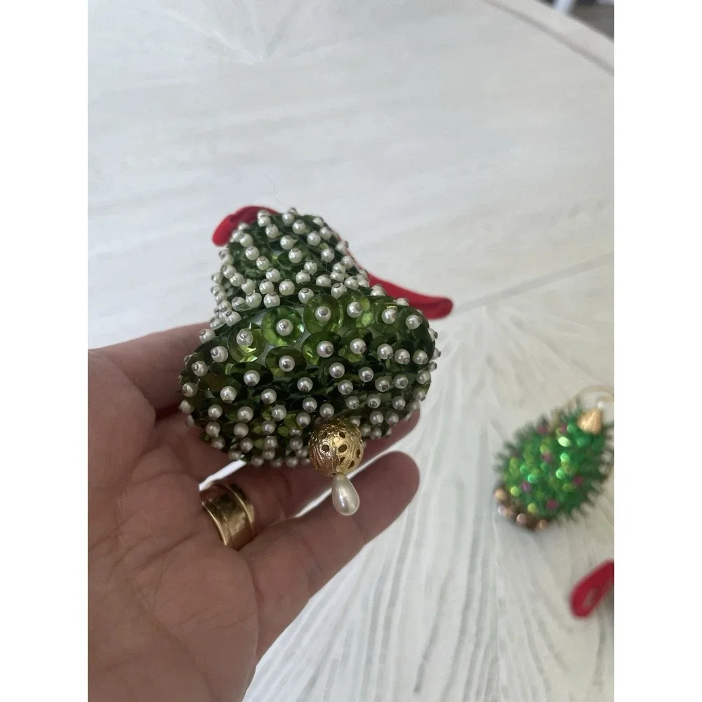 Vtg Holiday Handmade Beaded Sequined Christmas Ornaments Set  4 Tree Bells Ball